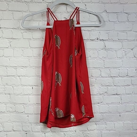 LOFT Petite Parrot Double Strappy Cami Red Tank Sleeveless Bird Blouse Shell Top - Picture 13 of 13